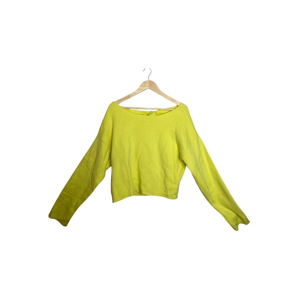 Zara Neon Chartreuse Cropped Knit Sweater Open Bow Tie Back